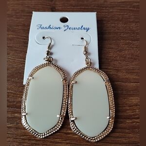 Gold Oval Drop Earrings | Cream Stone Dangle | Statement Boho Chic Jewelry